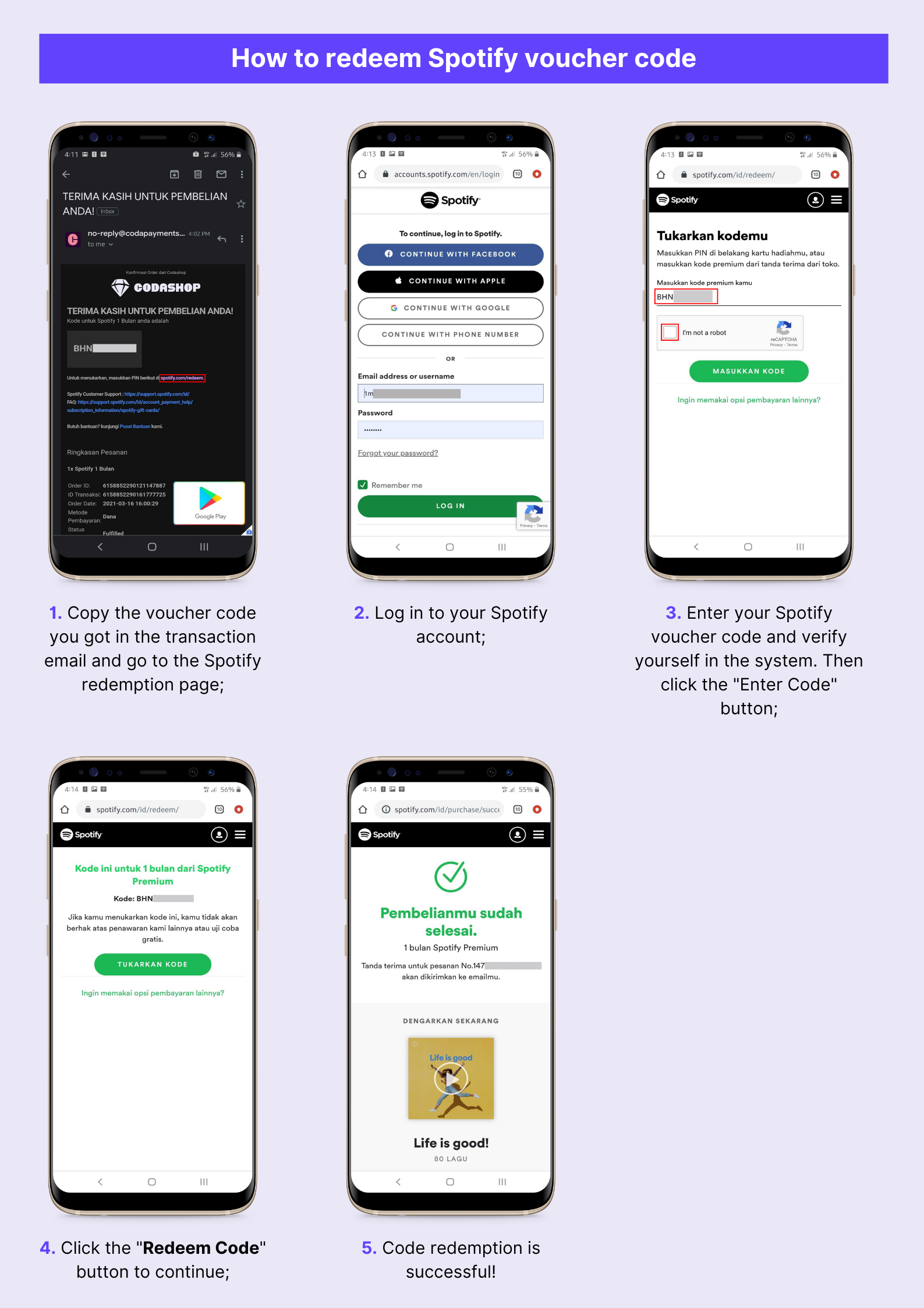 How to redeem Spotify voucher code Codashop Indonesia