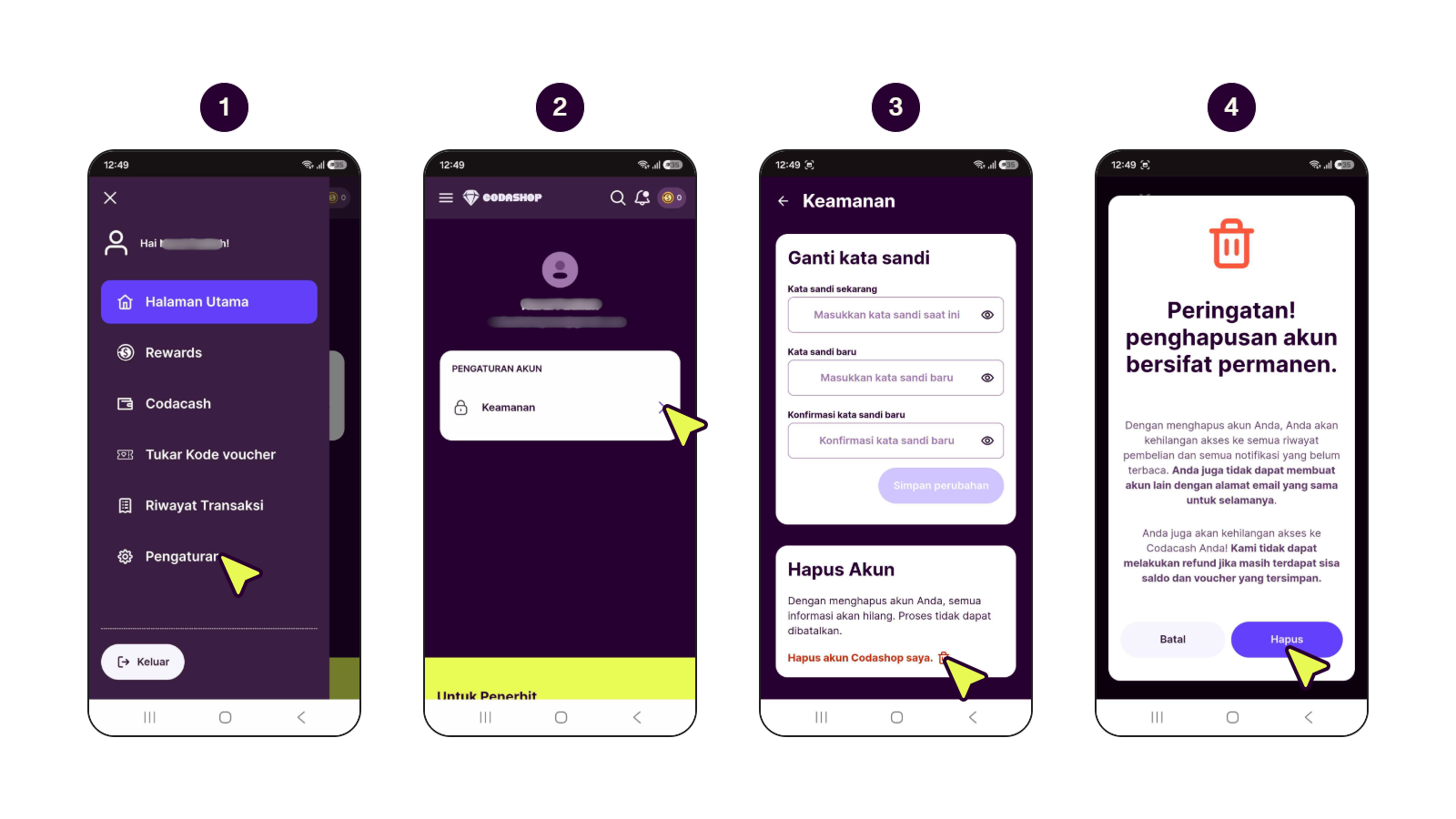 Langkah demi langkah menunjukkan cara menghapus akun Codashop.