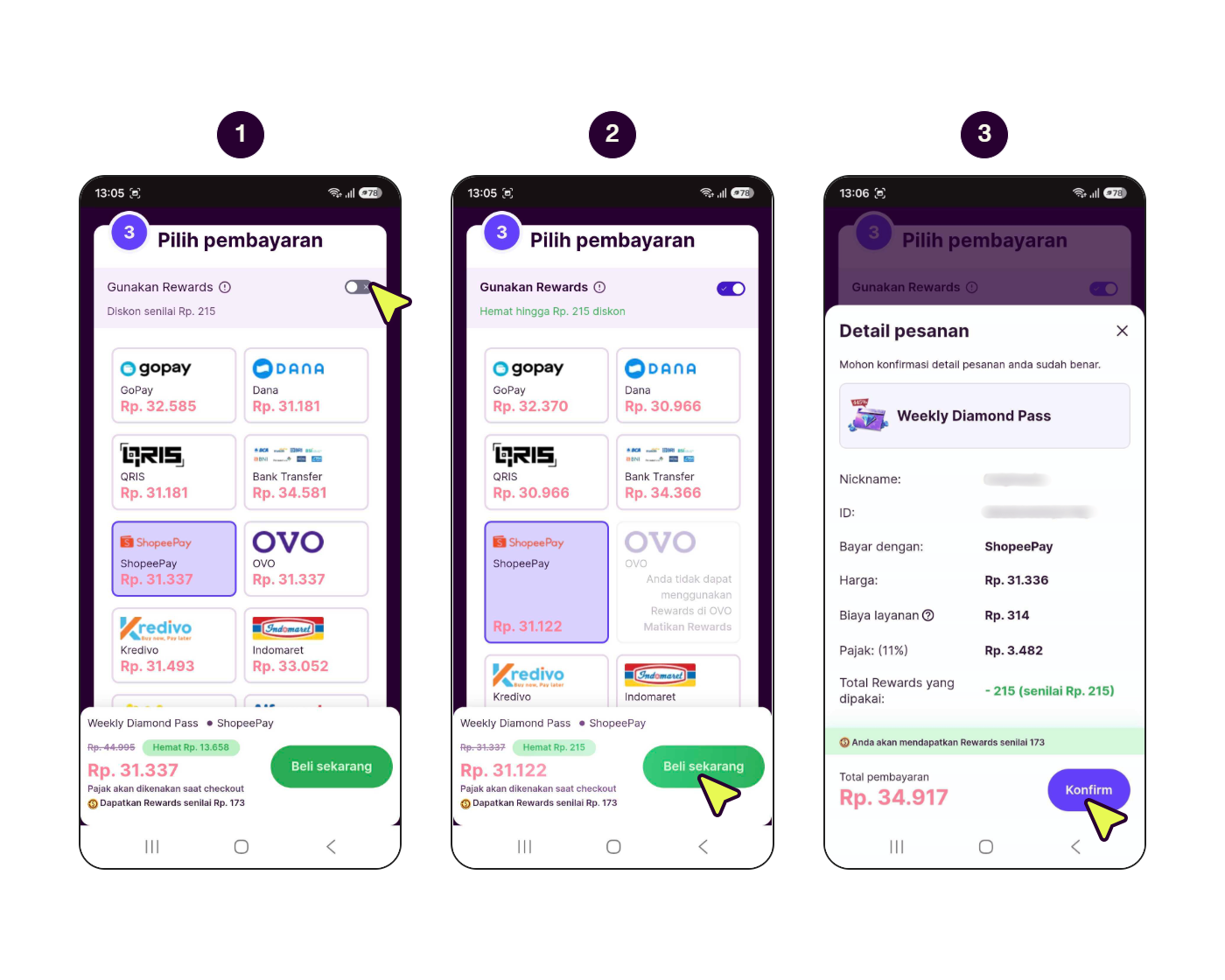 Tampilan tombol geser Coda Rewards saat proses pembayaran.