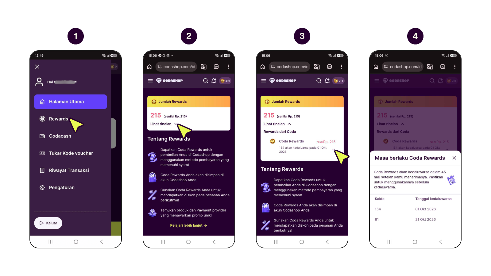 Tampilan halaman Rewards yang menunjukkan tanggal kedaluwarsa Coda Rewards.