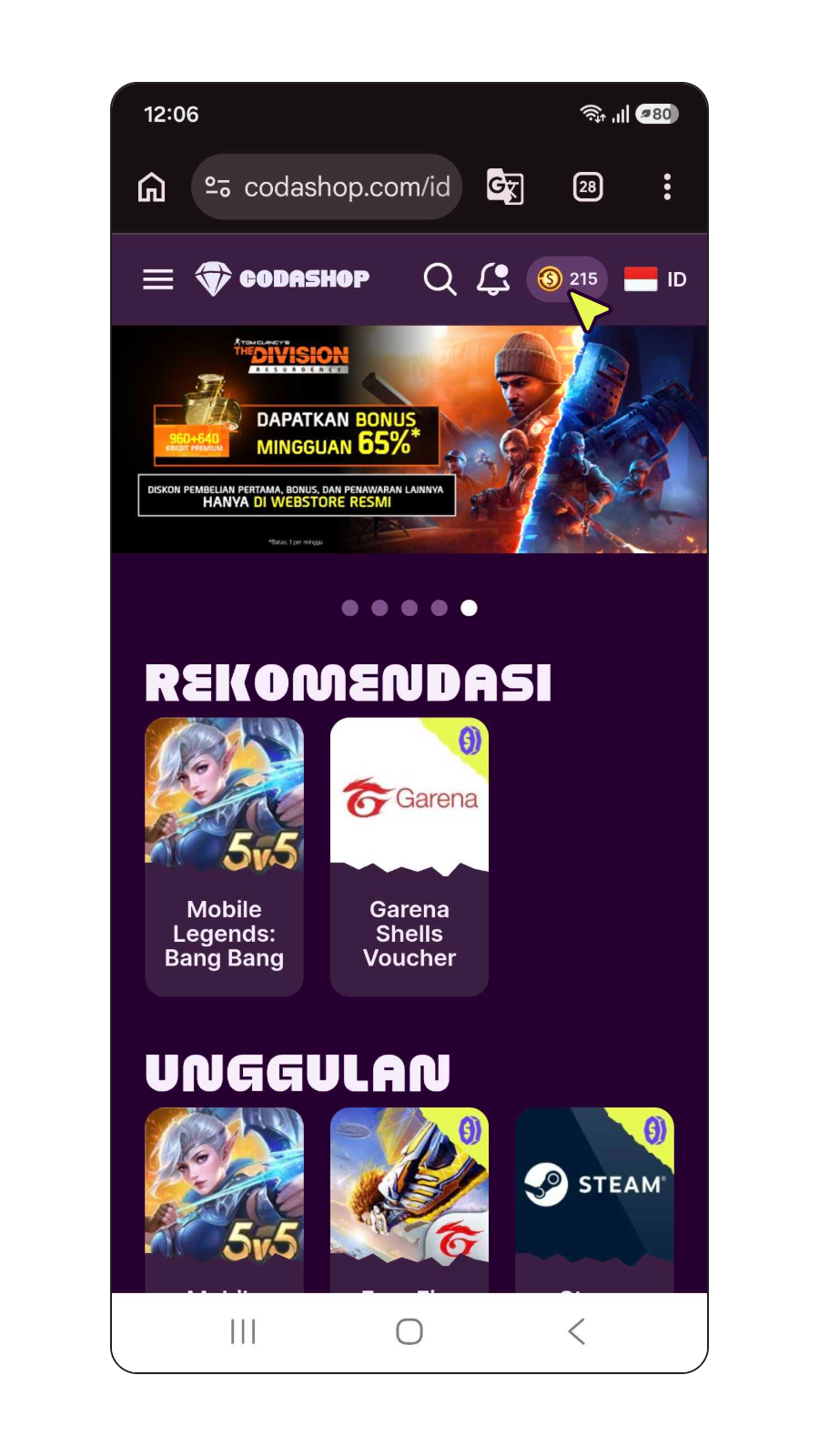 Informasi total saldo Coda Rewards pada akun Codashop Anda.