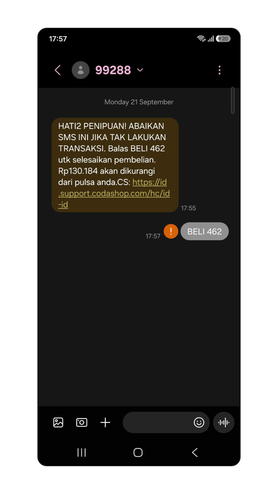 Tampilan kendala membalas SMS OTP untuk konfirmasi pembayaran melalui pulsa.