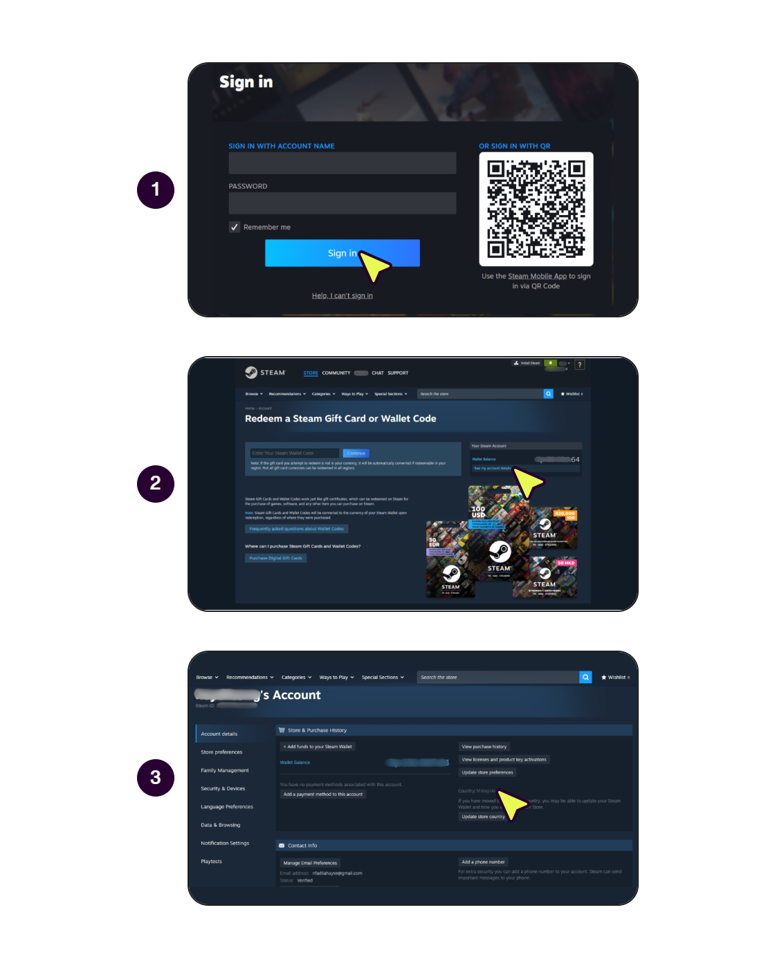 Langkah demi langkah menunjukkan cara memeriksa dan memperbarui negara Steam Store.