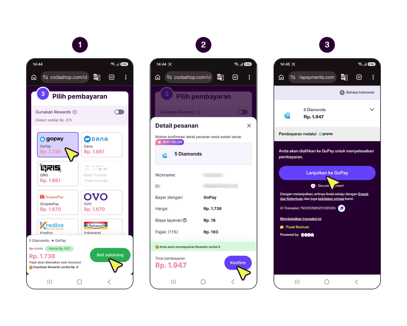 Langkah demi langkah menunjukkan cara bayar dengan saldo GoPay. (1/2)