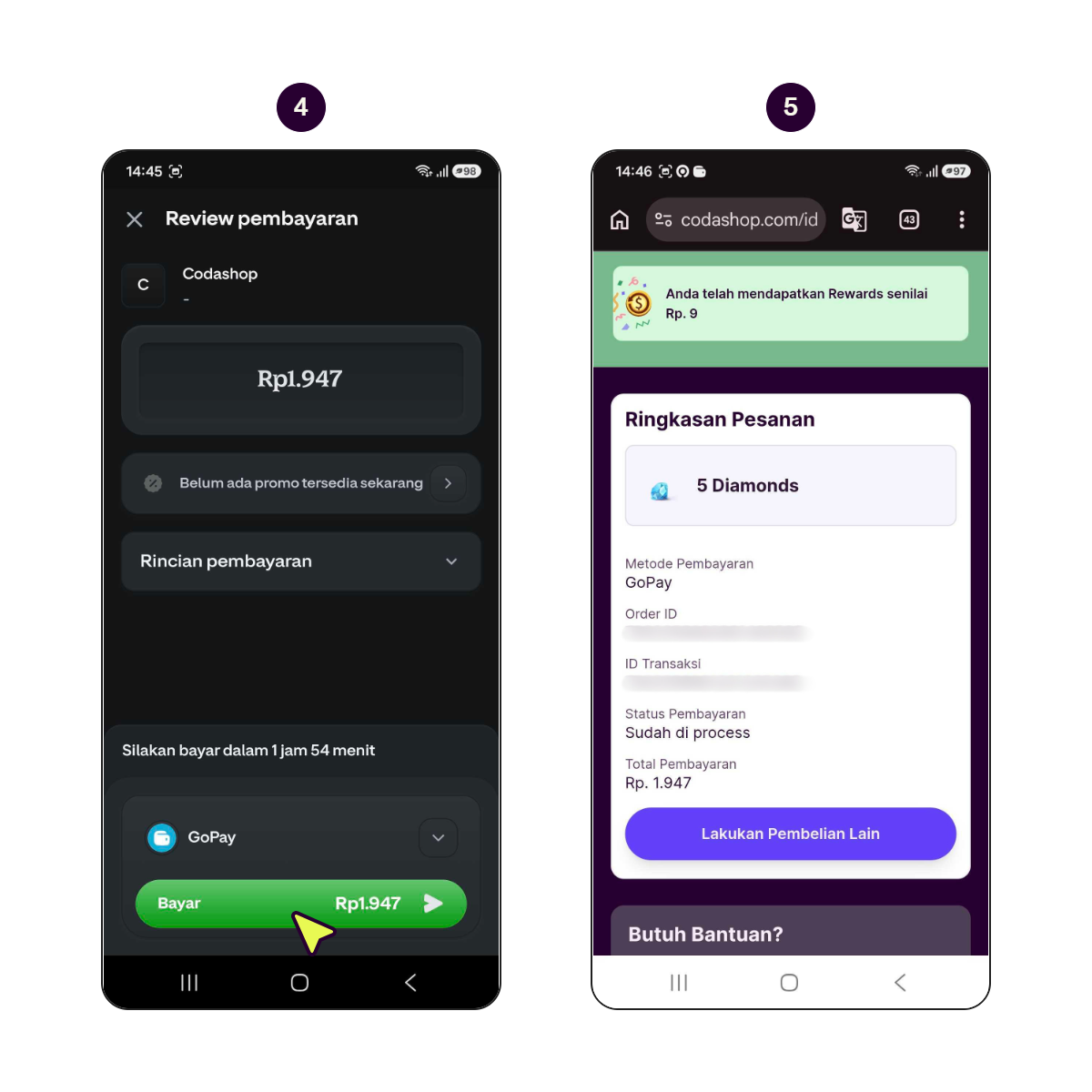 Langkah demi langkah menunjukkan cara bayar dengan saldo GoPay. (2/2)