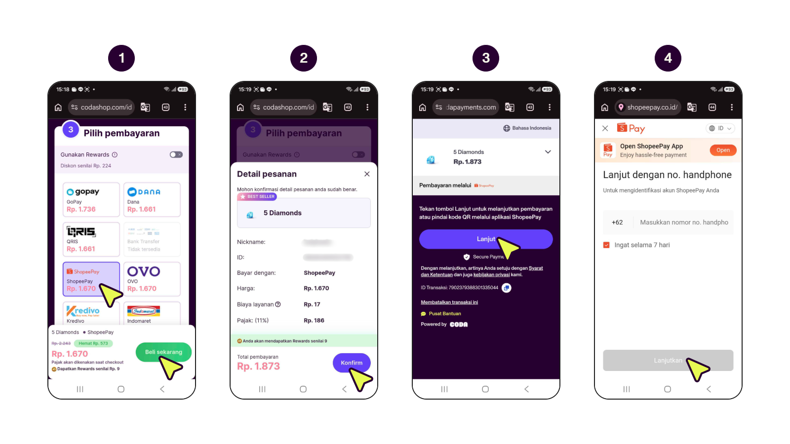 Langkah demi langkah menunjukkan cara membayar dengan saldo ShopeePay melalui aplikasi Shopee. (1/3)