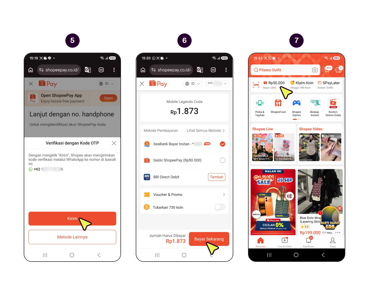 Langkah demi langkah menunjukkan cara membayar dengan saldo ShopeePay melalui aplikasi Shopee. (2/3)