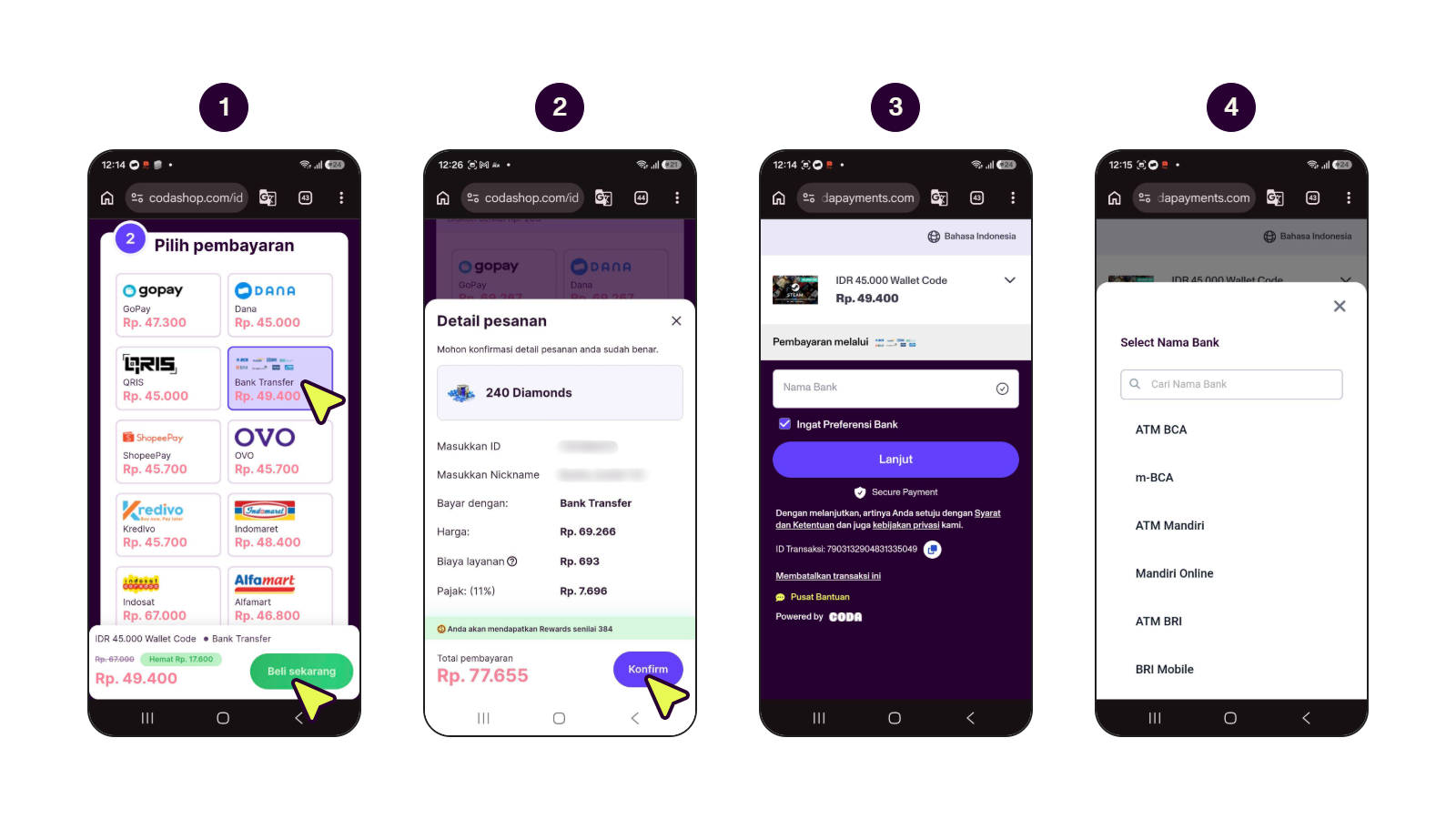 Langkah-langkah membayar dengan transfer bank di Codashop. (1/2)
