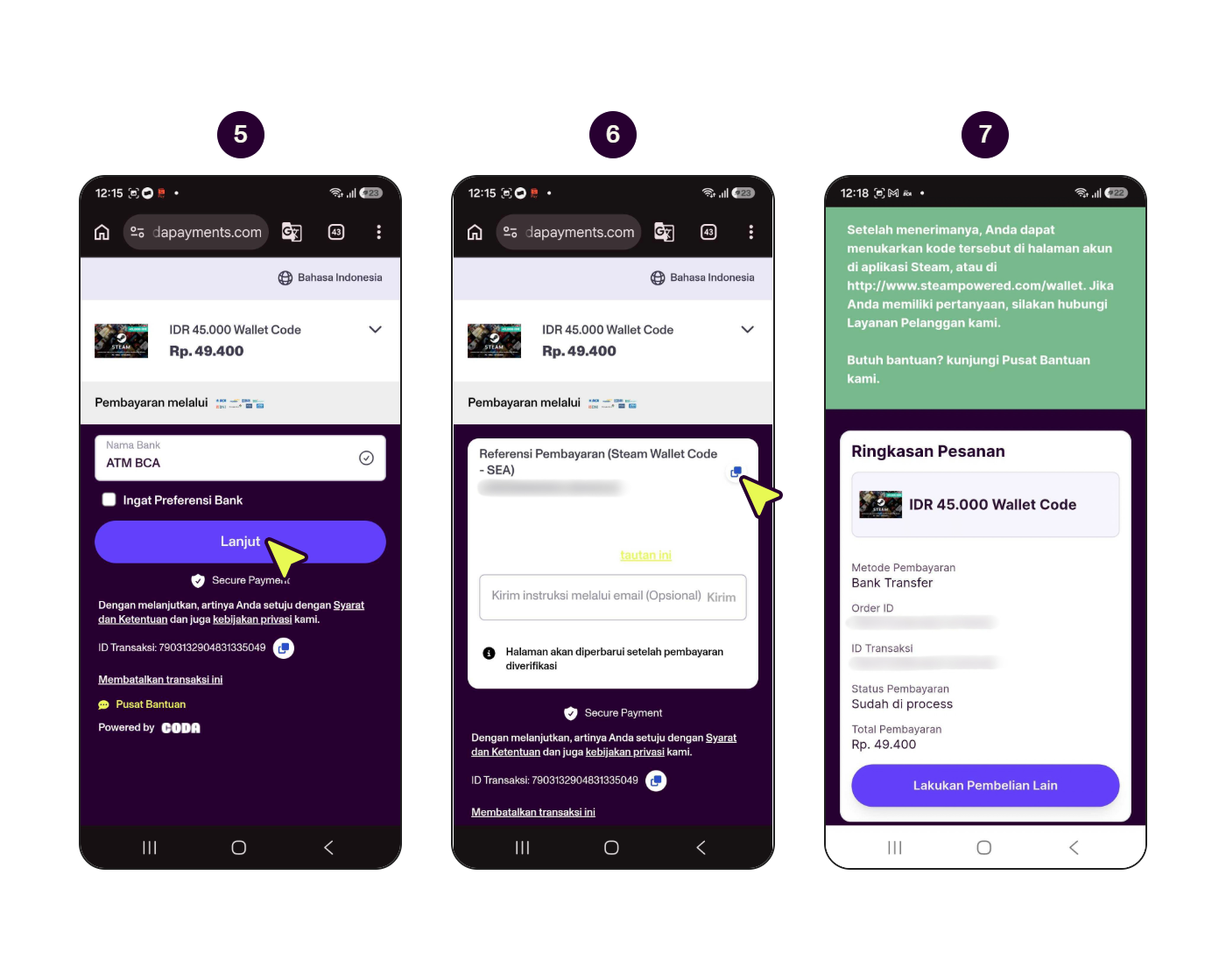 Langkah-langkah membayar dengan transfer bank di Codashop. (2/2)