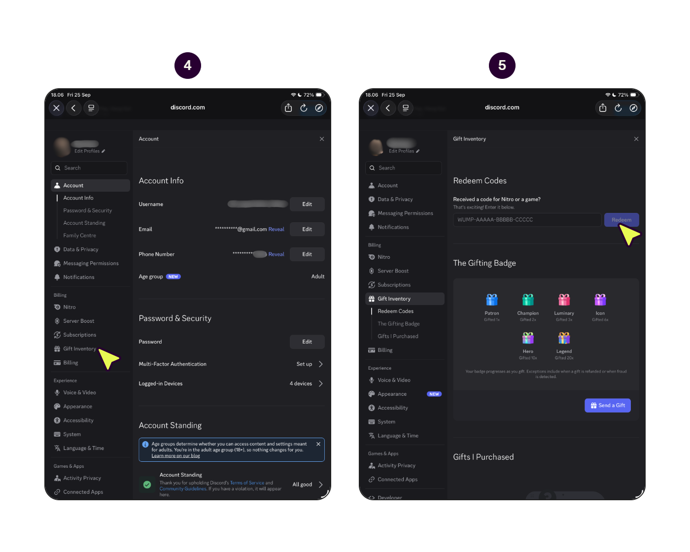 Langkah-langkah menukarkan kode voucher Discord Nitro Monthly di situs web Discord. (1/2)