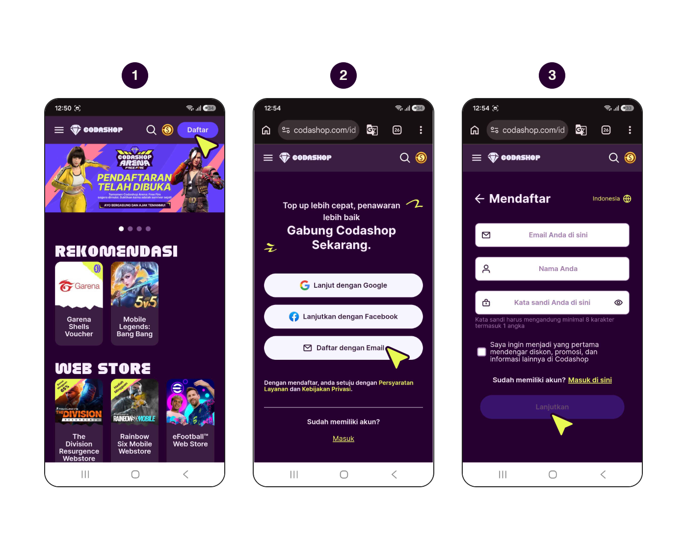 Langkah-langkah membuat akun Codashop dengan email.