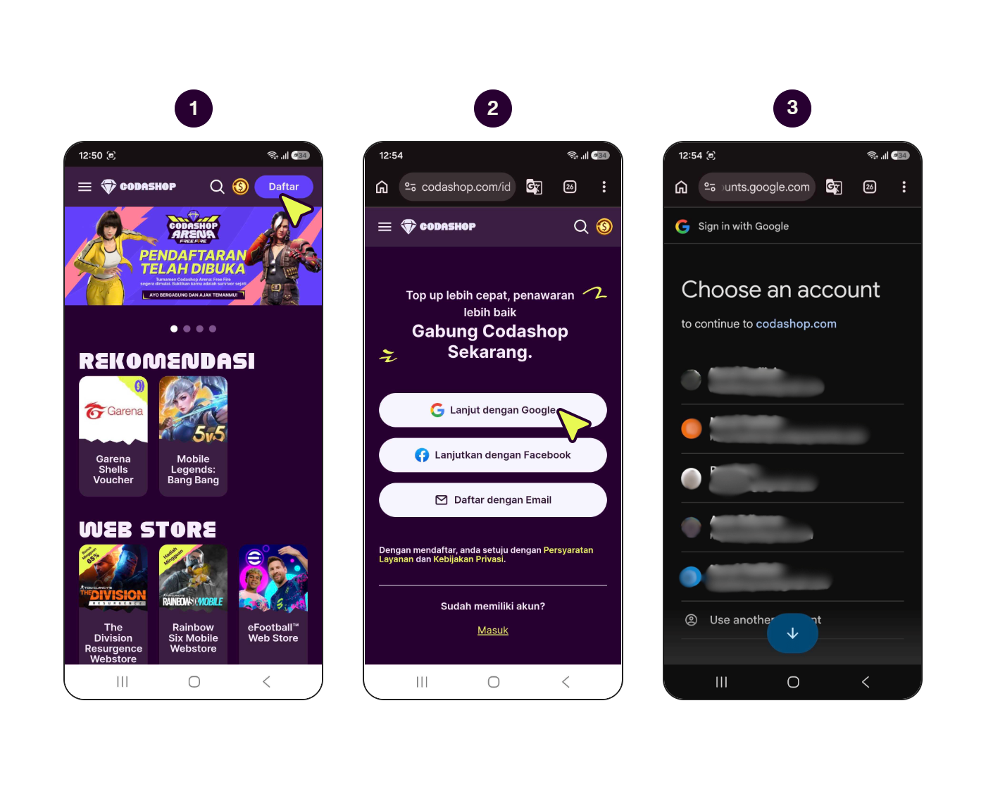 Langkah-langkah membuat akun Codashop dengan Google.