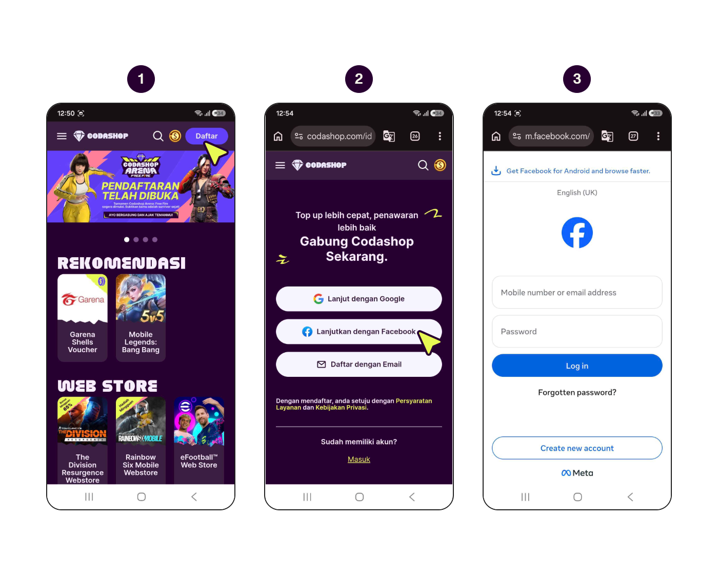Langkah-langkah membuat akun Codashop dengan Facebook.