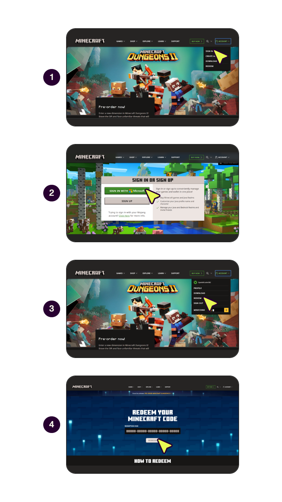 Langkah-langkah menukarkan kode voucher Minecraft di situs resmi Minecraft.