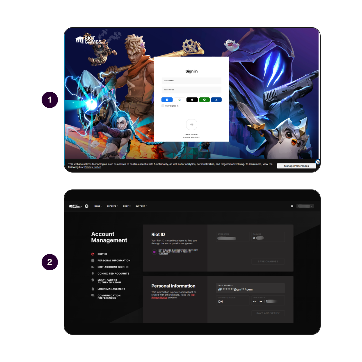 Langkah menemukan UID League of Legends: Wild Rift di situs Riot Games.