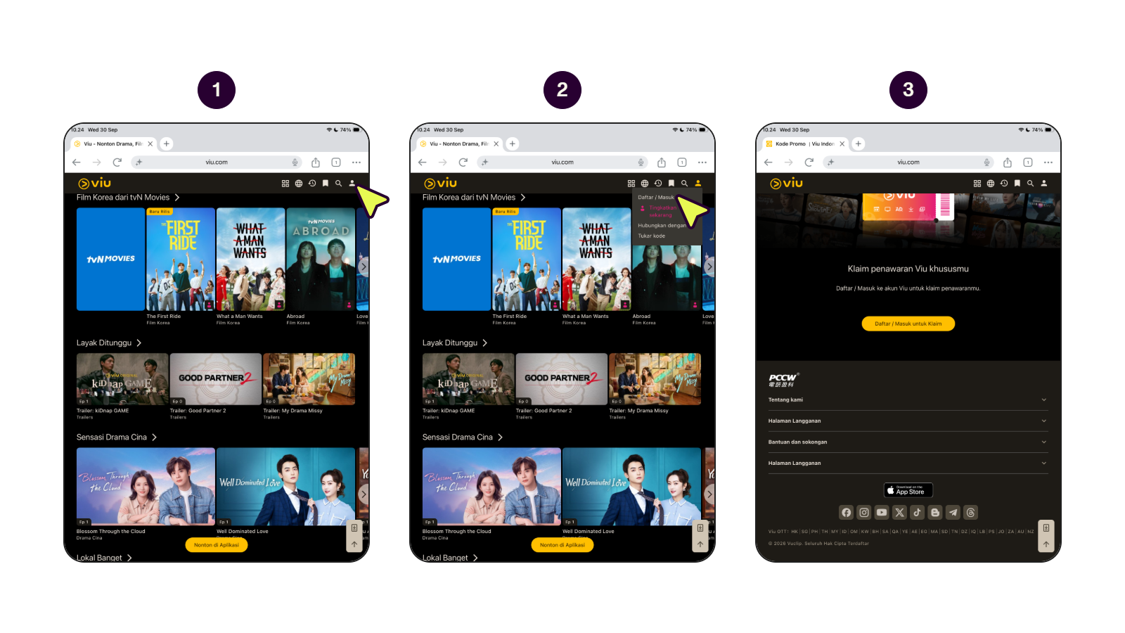 Langkah-langkah menukarkan kode voucher Viu di situs web Viu. (1/2)