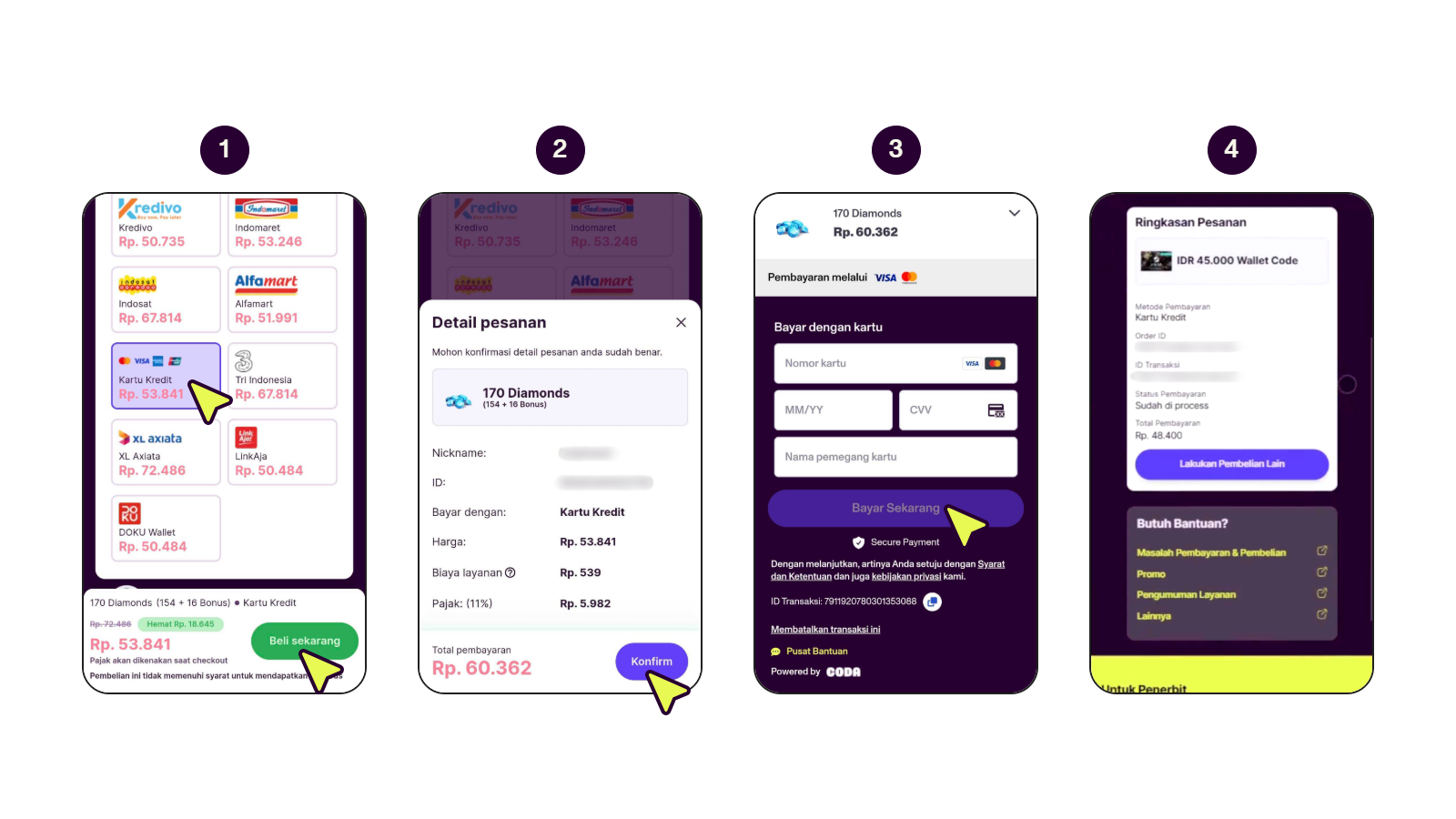 Langkah-langkah membayar dengan kartu kredit di Codashop.