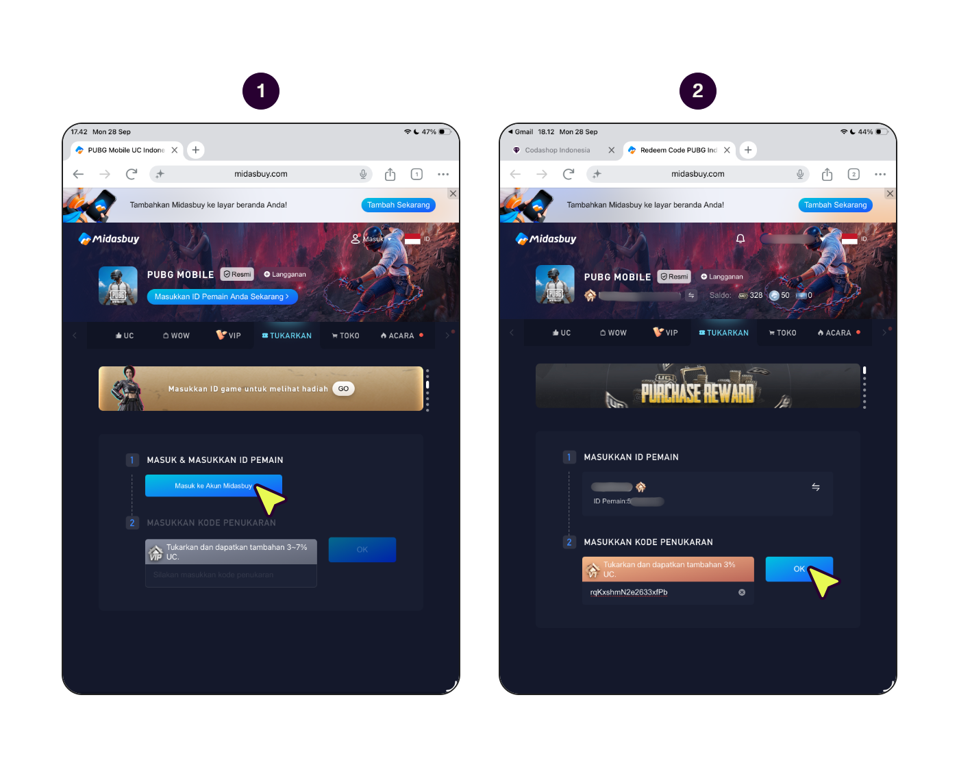 Langkah-langkah redeem voucher UC PUBG Mobile. (1/2)