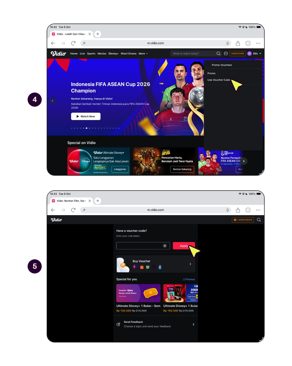 Langkah-langkah menukarkan kode voucher Vidio melalui browser. (2/2)