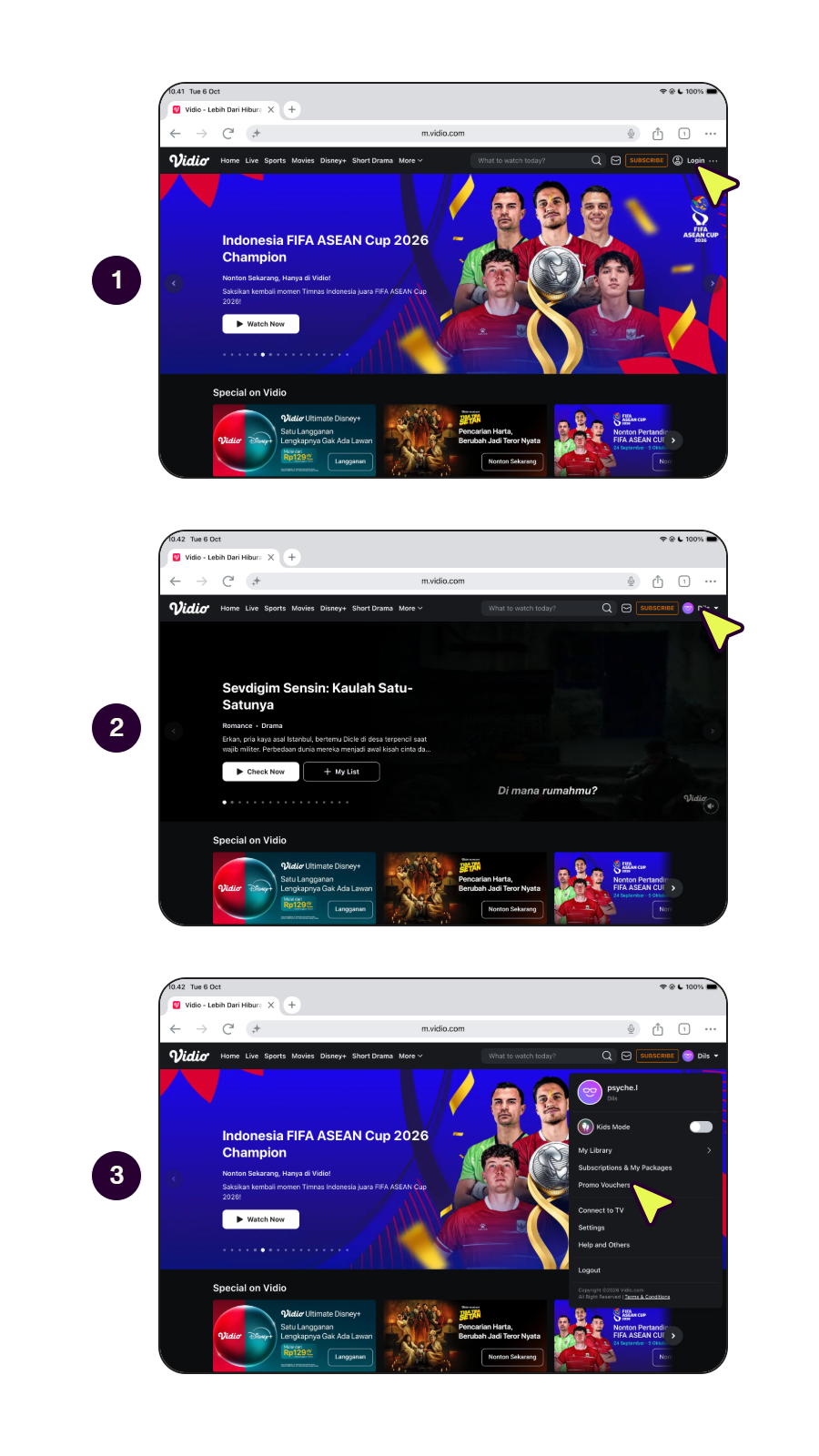 Langkah-langkah menukarkan kode voucher Vidio melalui browser. (1/2)