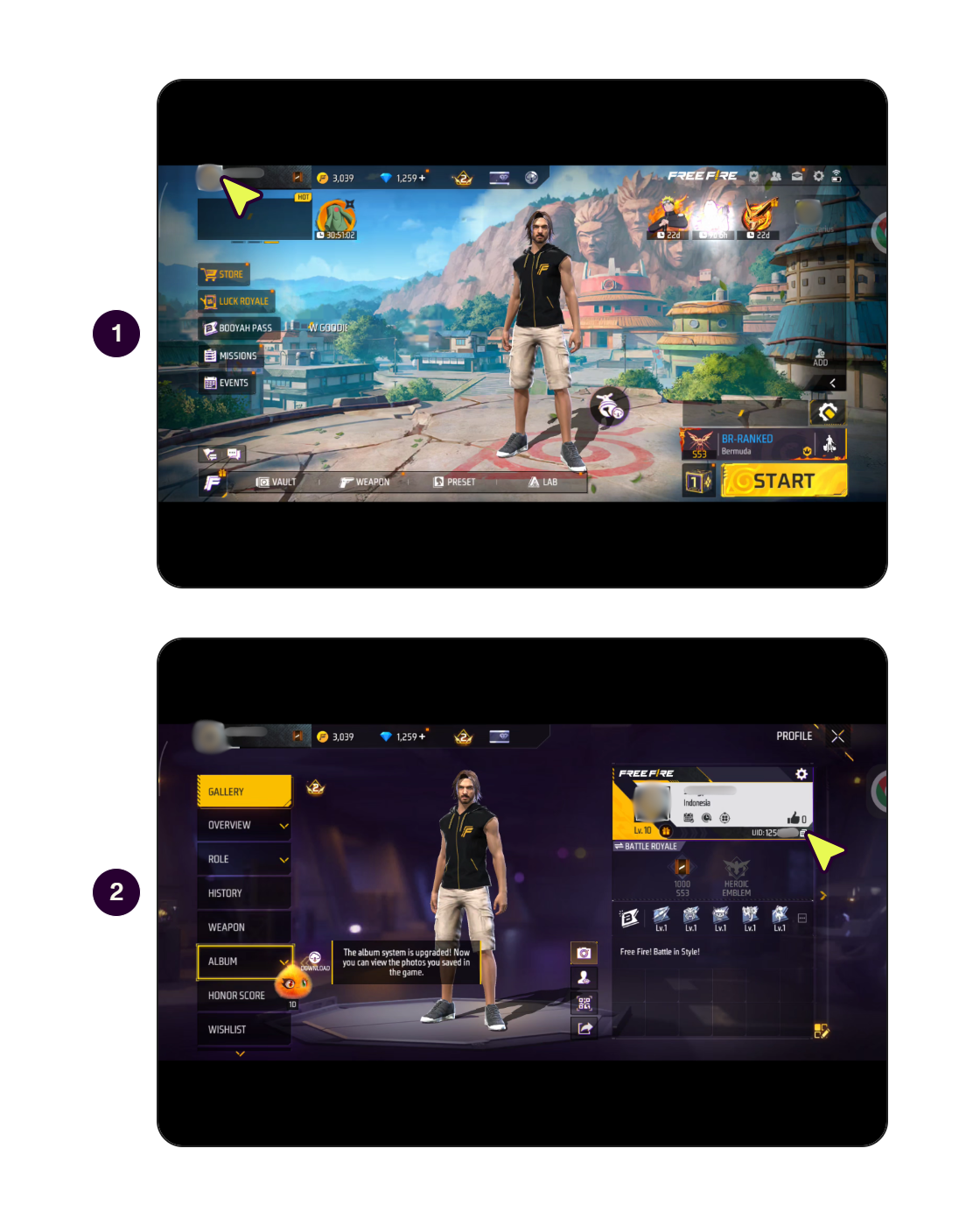 Langkah menemukan UID Free Fire.