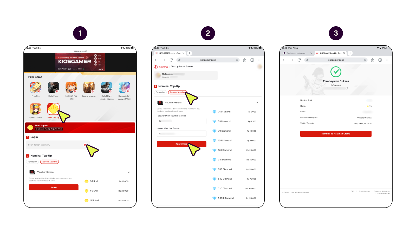 Langkah menukarkan kode voucher Garena Shells di situs Kiosgamer.