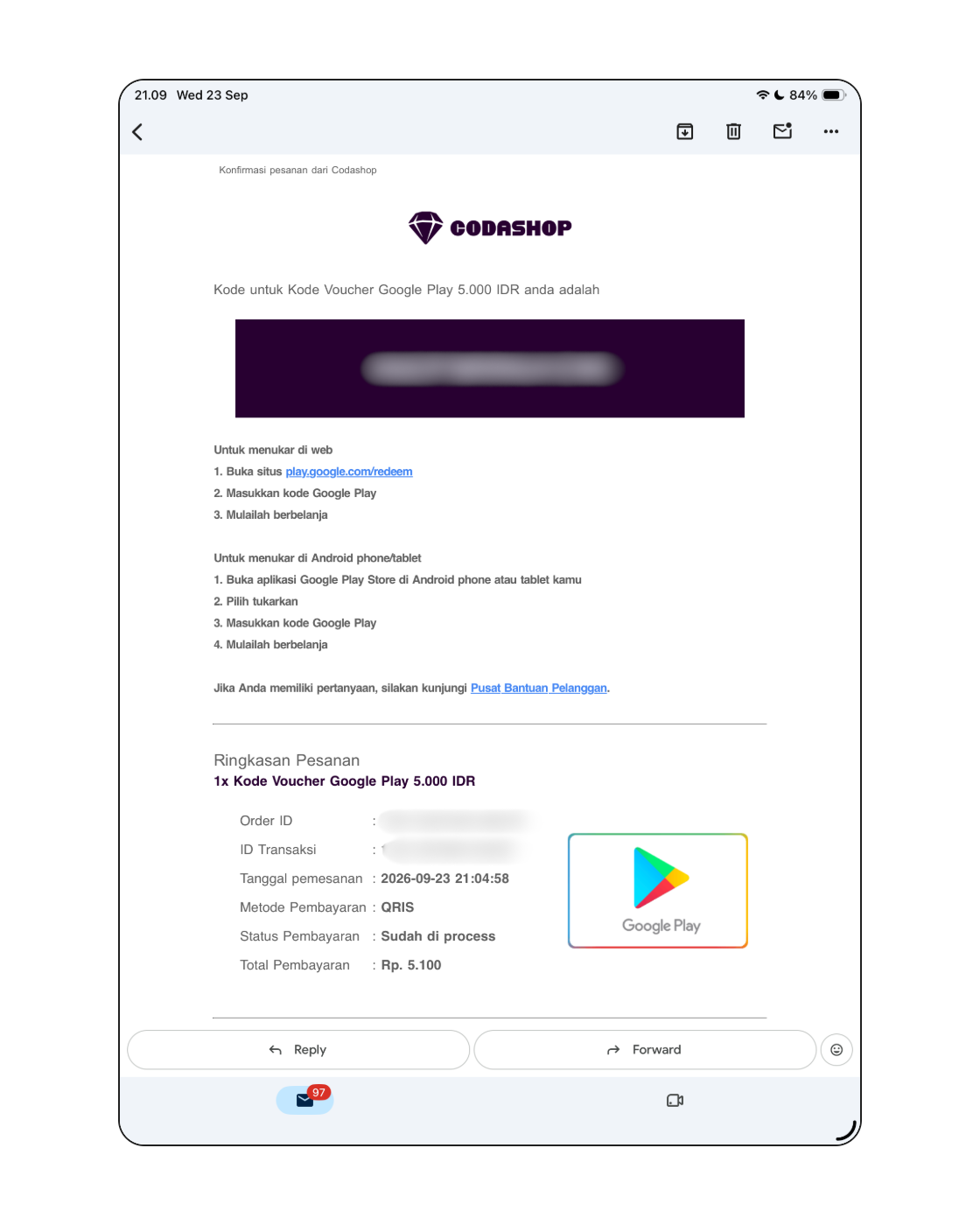 Tampilan voucher pada email dari konfirmasi pembelian dari no-reply@codapayments.com.