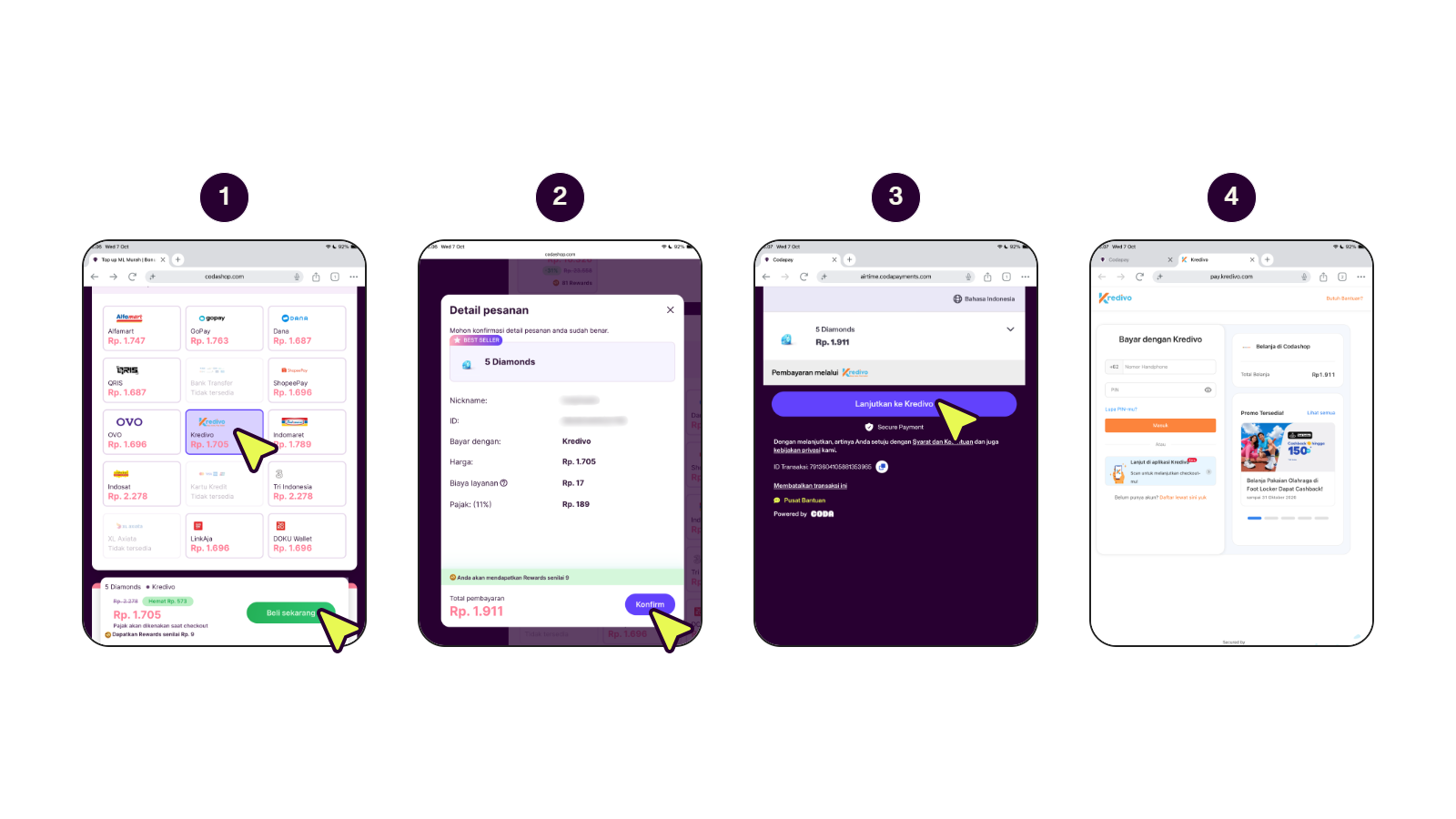 Langkah membayar dengan limit Kredivo di Codashop.